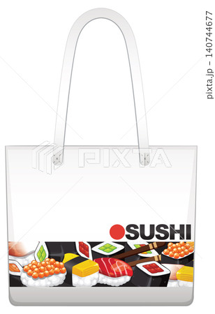 White Tote Bag with Colorful Sushi Pattern and Text Graphic 140744677