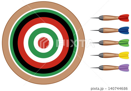 Colorful Target Board with Five Multi-Colored Darts Vector Illustration 140744686