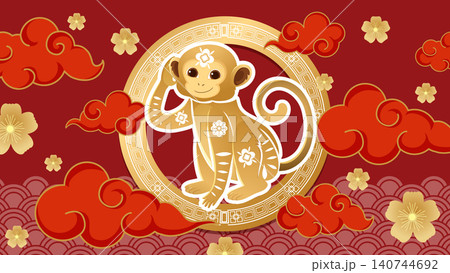 Golden Chinese Zodiac Monkey Vector Illustration with Red Clouds and Flowers 140744692