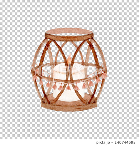 Watercolor wicker lantern with candle and tassel garland. Hand painted boho decor illustration isolated on white background. Perfect for wedding stationery, coastal decor and cozy table settings Watercolor wicker lantern with candle and tassel garland. Hand painted boho decor illustration isolated on white background. Perfect for wedding stationery, coastal decor and cozy table settings 140744698