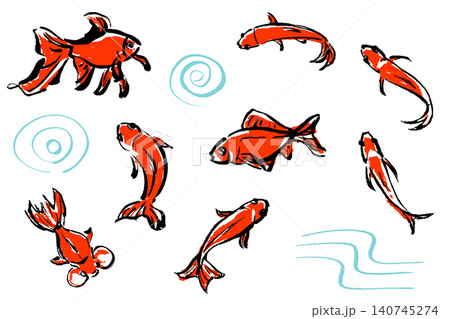 筆タッチの手描きの金魚のイラストセット 筆タッチの手描きの金魚のイラストセット 140745274
