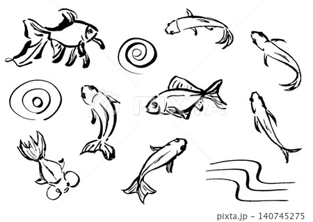 筆タッチの手描きの金魚のイラストセット 筆タッチの手描きの金魚のイラストセット 140745275