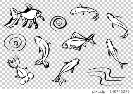 筆タッチの手描きの金魚のイラストセット 筆タッチの手描きの金魚のイラストセット 140745275