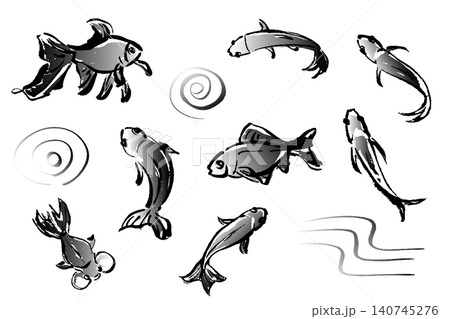 筆タッチの手描きの金魚のイラストセット 筆タッチの手描きの金魚のイラストセット 140745276