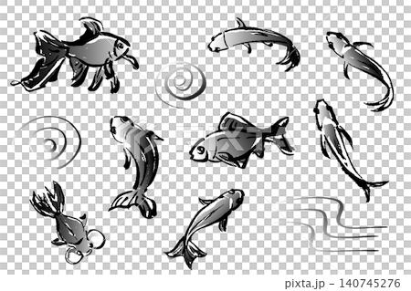 筆タッチの手描きの金魚のイラストセット 筆タッチの手描きの金魚のイラストセット 140745276