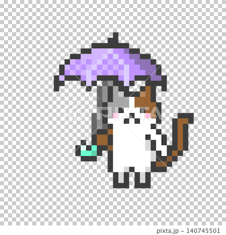 一隻三色貓拿著一把像素化的雨傘 140745501