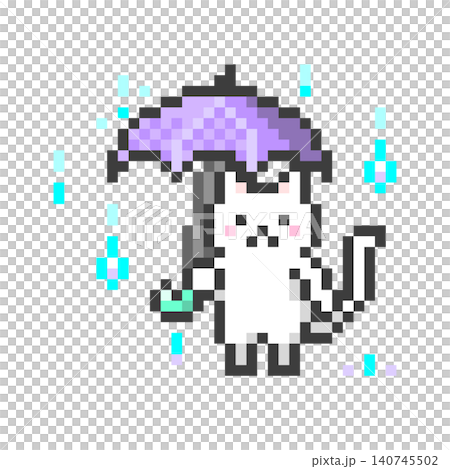 像素畫風格的白貓在雨中撐著傘。 像素畫風格的白貓在雨中撐著傘。 140745502