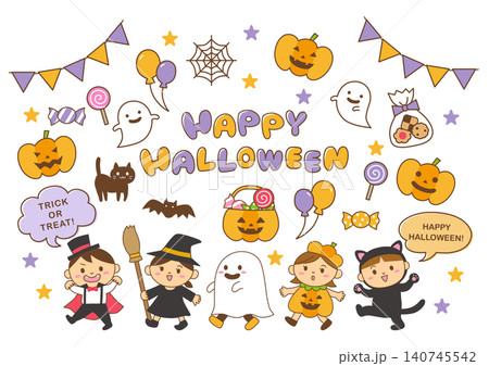 仮装する子どもたちとハロウィンのイラスト素材セット 主線あり 140745542