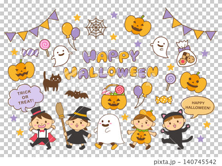 仮装する子どもたちとハロウィンのイラスト素材セット 主線あり 140745542