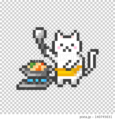 一隻白貓在像素畫中做飯。 一隻白貓在像素畫中做飯。 140745631