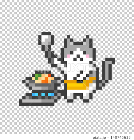 A calico cat cooking in pixel art style A calico cat cooking in pixel art style 140745633