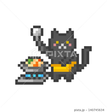 ドット絵の料理をする黒猫 ドット絵の料理をする黒猫 140745634