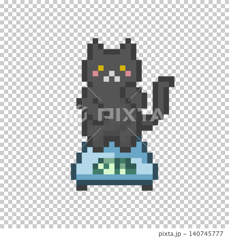 ドット絵の体重計にのる黒猫 140745777