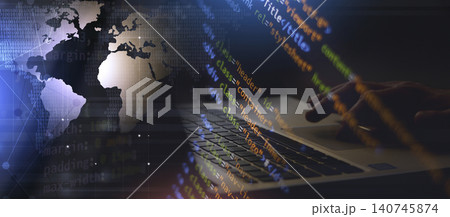 hand web coding on laptop technology banner hand web coding on laptop technology banner 140745874