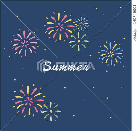 夏祭りのフラットデザインバナー 花火と提灯の夏イベント背景イラスト 140746001