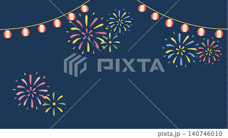夏祭りのフラットデザインバナー 花火と提灯の夏イベント背景イラスト 140746010