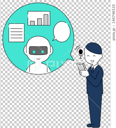 A full-body illustration of a smiling male businessman using a smartphone AI chatbot to improve work efficiency. A full-body illustration of a smiling male businessman using a smartphone AI chatbot to improve work efficiency. 140746520