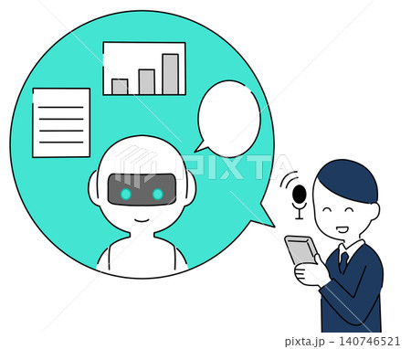 スマートフォンのAIチャットボットで業務効率化をする笑顔の男性ビジネスマンの上半身イラスト 140746521