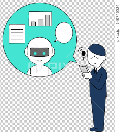 スマートフォンのAIチャットボットで業務効率化をする考えている男性ビジネスマンの全身イラスト スマートフォンのAIチャットボットで業務効率化をする考えている男性ビジネスマンの全身イラスト 140746524