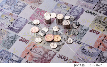 Czech paper money, koruna or crown, in various denominations for financial exchange. Czech koruna Czech paper money, koruna or crown, in various denominations for financial exchange. Czech koruna 140746746