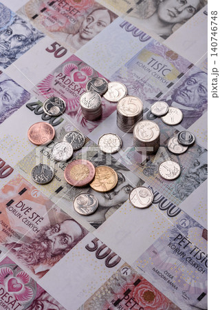 Czech paper money, koruna or crown, in various denominations for financial exchange. Czech koruna Czech paper money, koruna or crown, in various denominations for financial exchange. Czech koruna 140746748