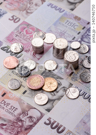 Czech paper money, koruna or crown, in various denominations for financial exchange. Czech koruna 140746750