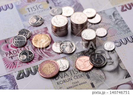 Czech paper money, koruna or crown, in various denominations for financial exchange. Czech koruna Czech paper money, koruna or crown, in various denominations for financial exchange. Czech koruna 140746751