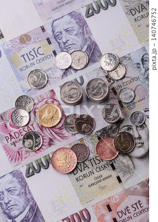 Czech paper money, koruna or crown, in various denominations for financial exchange. Czech koruna Czech paper money, koruna or crown, in various denominations for financial exchange. Czech koruna 140746752