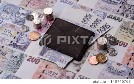 Czech koruna, paper money and coins, financing and commodity exchange, trade. Czech currency 140746768