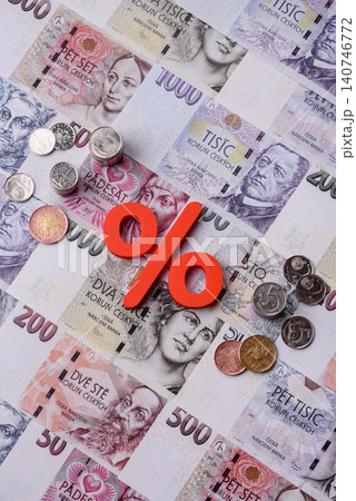 The percentage sign on cash as a concept for inflation, deposits, or tax. The percentage sign The percentage sign on cash as a concept for inflation, deposits, or tax. The percentage sign 140746772