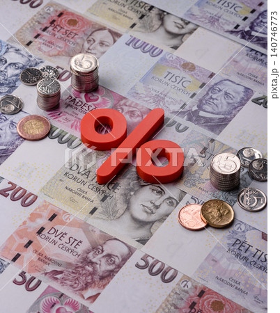 The percentage sign on cash as a concept for inflation, deposits, or tax. The percentage sign The percentage sign on cash as a concept for inflation, deposits, or tax. The percentage sign 140746773
