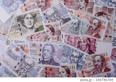 Czech paper money, koruna or crown, in various denominations for financial exchange. Czech koruna Czech paper money, koruna or crown, in various denominations for financial exchange. Czech koruna 140746784