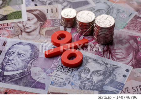 The percentage sign on cash as a concept for inflation, deposits, or tax. The percentage sign 140746796