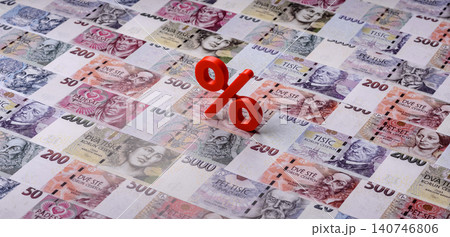 The percentage sign on cash as a concept for inflation, deposits, or tax. The percentage sign The percentage sign on cash as a concept for inflation, deposits, or tax. The percentage sign 140746806