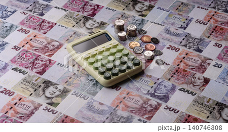 Czech paper money, koruna or crown, in various denominations for financial exchange. Czech koruna 140746808