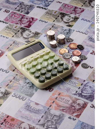 Czech paper money, koruna or crown, in various denominations for financial exchange. Czech koruna 140746810