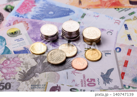 Argentina paper money, peso in various denominations. Argentine money Argentina paper money, peso in various denominations. Argentine money 140747139