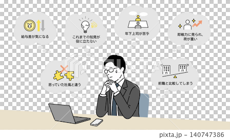 An illustration of a male office worker who has changed jobs but is troubled by anxieties about the work environment and working conditions. An illustration of a male office worker who has changed jobs but is troubled by anxieties about the work environment and working conditions. 140747386