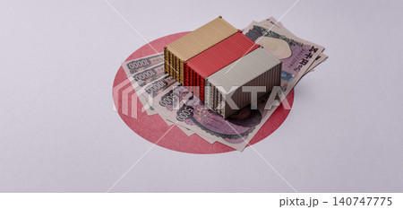 Cargo containers on the japanese flag as a conceptual backdrop. Cargo containers 140747775