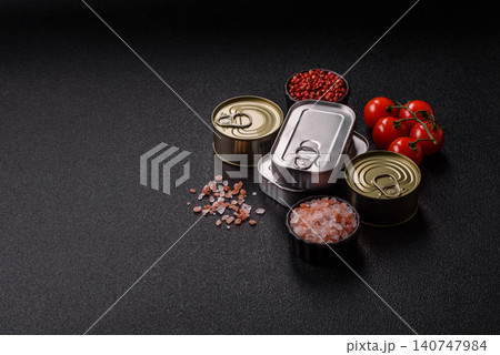 A metal tin can of meat, fish, or dog or cat food. A tin can of food 140747984