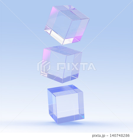 3D holographic crystal glass cubes hover in vertical stack on blue render background. Iridescent transparent square boxes with purple pink gradient light reflection, geometric objects. 3D illustration 3D holographic crystal glass cubes hover in vertical stack on blue render background. Iridescent transparent square boxes with purple pink gradient light reflection, geometric objects. 3D illustration 140748286