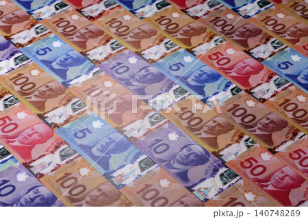 Money, currency of Canada, dollar banknotes of various denominations. Canadian money 140748289