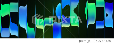 Ribbed fractal glass texture with neon blue and green gradient liquid waves on black 3d background. Abstract vertical stripe pattern. Luminous transparent surface with lighting effect. 3D illustration 140748580