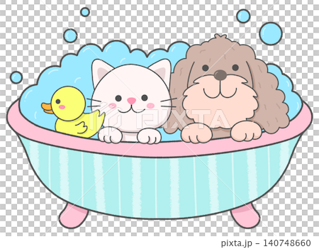 Cute Cat and Puppy Bath Time with Rubber Duck Cute Cat and Puppy Bath Time with Rubber Duck 140748660