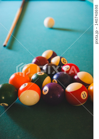 Pool Balls Arranged On Blue Billiard Table 140748698