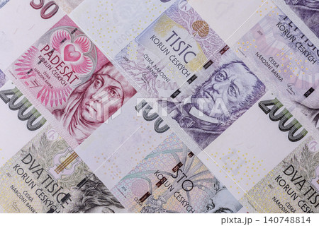 Czech paper money, koruna or crown, in various denominations for financial exchange. Czech koruna Czech paper money, koruna or crown, in various denominations for financial exchange. Czech koruna 140748814