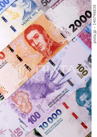 Argentina paper money, peso in various denominations. Argentine money 140748838