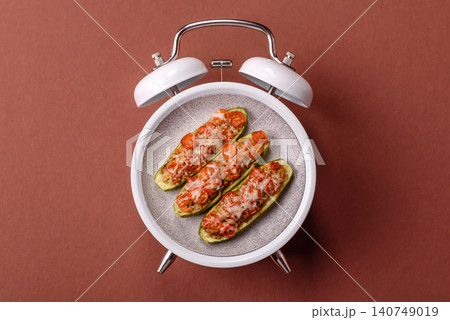 Baked zucchini half with minced meat, tomatoes, cheese, salt, and spices. Zucchini with minced Baked zucchini half with minced meat, tomatoes, cheese, salt, and spices. Zucchini with minced 140749019