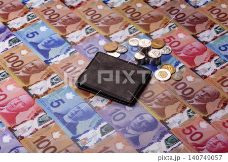 Canada, Canadian dollar, paper money and coins, financing exchange, trade. Canadian currency 140749057