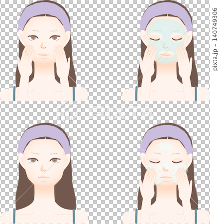 スキンケアをする女性のベクターイラストセット スキンケアをする女性のベクターイラストセット 140749306